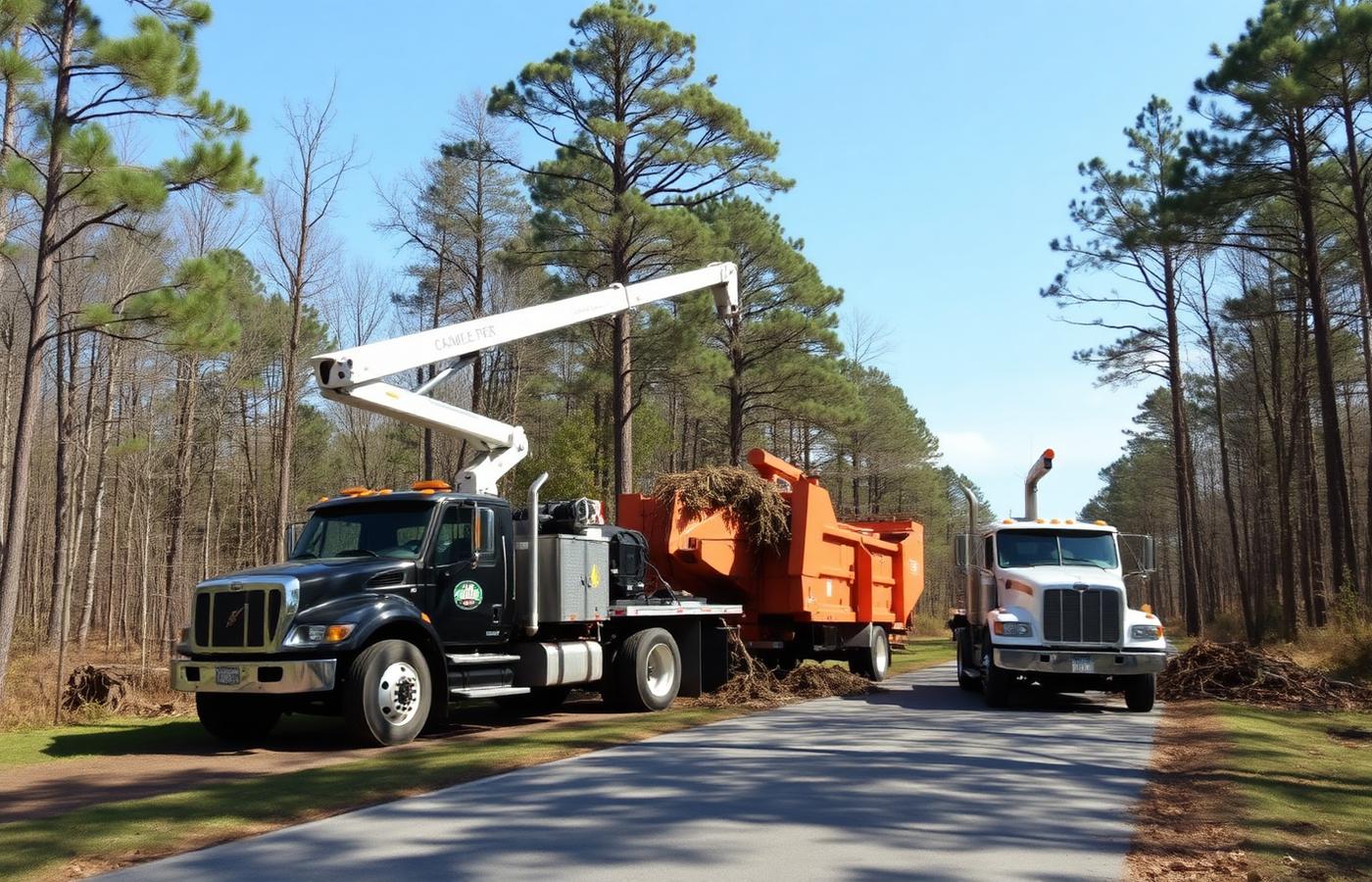 Bucket truck and chipper parked along a wooded road during a tree job